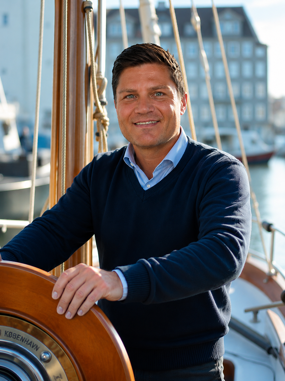 Experienced captain at the helm of the boat in Copenhagen harbor